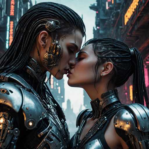Two individuals in sleek, metallic cybernetic armor share a tender kiss amidst a futuristic cityscape. Their intricate, dark-haired hairstyles are interwoven with technological elements, reflecting a cyberpunk aesthetic. The close spatial relationship emphasizes intimacy, while the blurred background highlights the neon-lit urban environment.