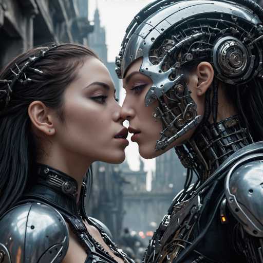 Two strikingly beautiful, cybernetically enhanced individuals share a tender moment in a futuristic cityscape. Their metallic bodies, adorned with intricate mechanical details and glowing accents, create a blend of human and machine. The close proximity emphasizes their intimate connection within the dark, gritty urban setting. The art style is highly detailed and realistic, showcasing a cyberpunk aesthetic.