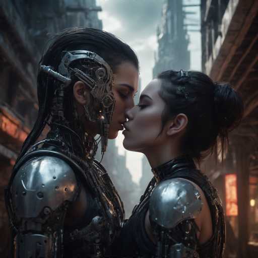 Two cyborgs, with intricate metallic bodies and dark hair, share a tender kiss in a neon-lit, cyberpunk alleyway. The close-up focuses on their faces as they embrace, highlighting the contrast between organic and mechanical elements. The art style is detailed and atmospheric, emphasizing a futuristic urban setting.