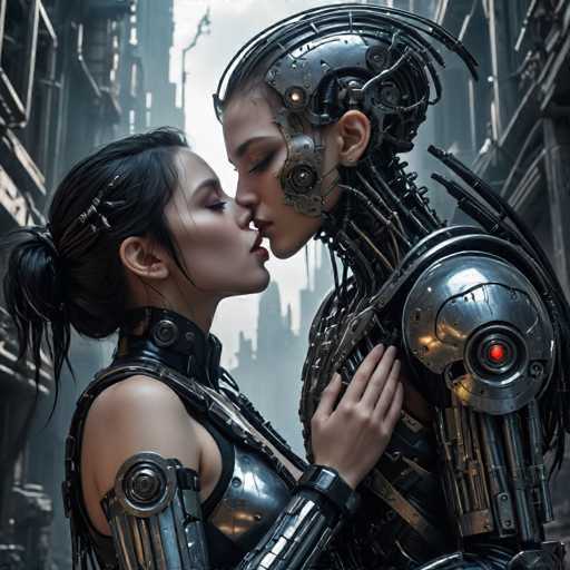 Two individuals, one human and one cyborg, share a tender kiss in a dimly lit, futuristic cityscape. The scene is intimate, with the cyborg's metallic body contrasting against the human's sleek, dark attire. The art style is a blend of cyberpunk and digital art, emphasizing intricate mechanical details and a slightly gritty atmosphere.