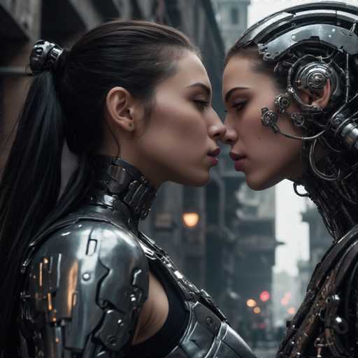Two individuals, one human and one cyborg, stand intimately close in a dimly lit, futuristic cityscape. Their metallic bodies are detailed with intricate mechanical elements, reflecting a blend of human and technological design. The close proximity suggests a tender connection, while the overall art style is cyberpunk-inspired, emphasizing a gritty, technologically advanced urban environment.