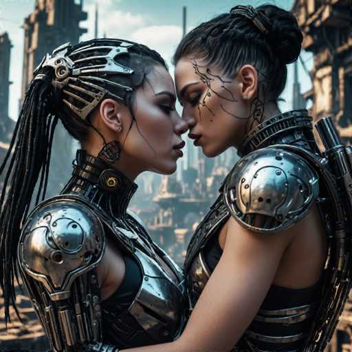 Two women in futuristic, metallic armor embrace intimately amidst a desolate, cyberpunk cityscape. Their faces are close, eyes closed in a tender moment. The art style is highly detailed and digital, emphasizing intricate mechanical designs and a dark, gritty atmosphere.