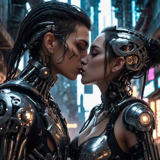 The image depicts two individuals dressed in futuristic metallic armor and clothing, standing close together with their lips touching in a tender kiss. The background shows an urban cityscape with buildings illuminated by bright lights against the night sky.
