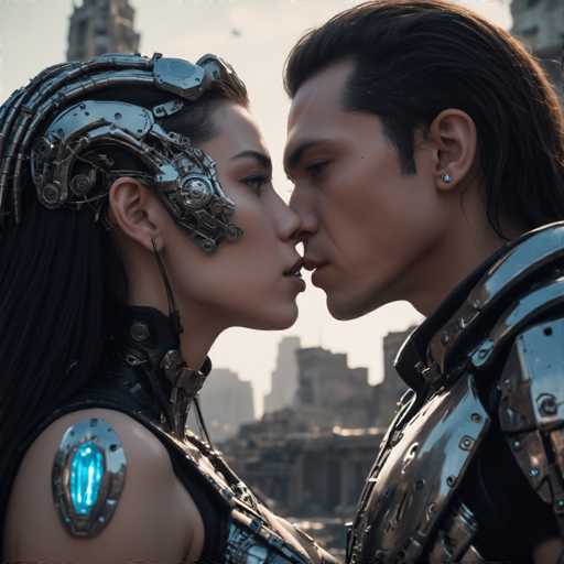 A couple dressed in futuristic armor stands in front of a cityscape with tall buildings and a bridge. The man is wearing a silver suit with a blue gemstone on his chest, while the woman has a metallic headpiece adorned with intricate designs. They are facing each other, their lips almost touching as they share an intimate moment.