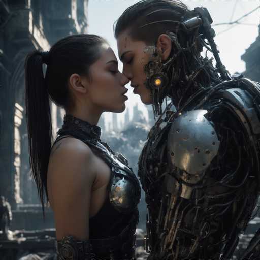 A close-up depicts a woman and a cyborg in a tender embrace, their faces inches apart. The scene is set amidst a ruined, futuristic cityscape with metallic structures and a hazy background. The art style blends realistic detail with a slightly dystopian, cyberpunk aesthetic, emphasizing the intimate connection between the human and mechanical figures.