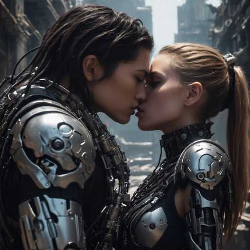 Two individuals, clad in intricate, metallic cybernetic armor, share a tender kiss amidst a gritty, dystopian cityscape. The close-up focuses on their faces, highlighting the intimate embrace against the backdrop of a decaying urban environment. The art style is futuristic and detailed, emphasizing mechanical textures and a sense of advanced technology.