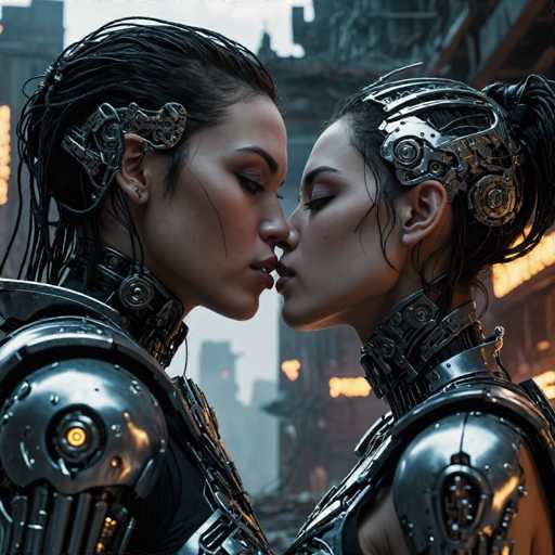Two women in sleek, futuristic armor share a tender kiss amidst a neon-lit, cyberpunk cityscape. Their metallic bodies are intricately detailed, with glowing accents and cybernetic enhancements. The close-up emphasizes their intimate embrace against the blurred backdrop of a bustling, technologically advanced urban environment.