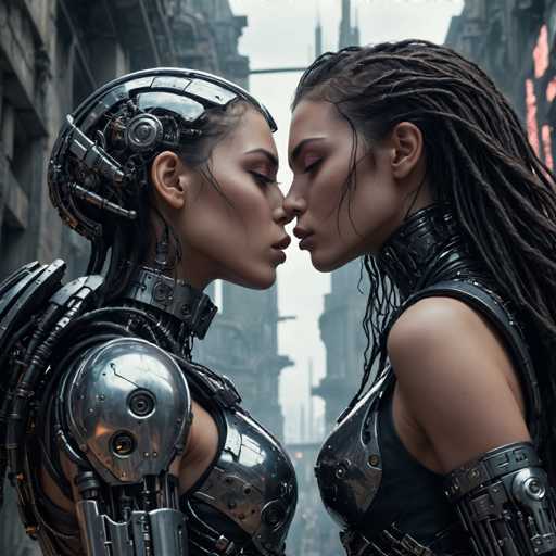 Two strikingly beautiful, cybernetically enhanced figures in metallic armor share a tender moment of intimacy. Their close proximity and gentle expressions suggest a deep connection within a gritty, futuristic cityscape. The art style is highly detailed, emphasizing intricate mechanical design and a muted, atmospheric color palette.