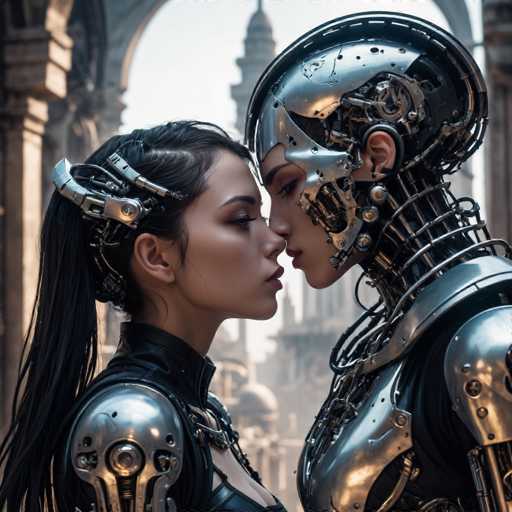 A close-up depicts a woman and a humanoid robot in a tender embrace, their faces inches apart. The art style is futuristic and detailed, showcasing intricate metallic textures and a soft, ethereal lighting against an ornate, slightly blurred architectural backdrop. The focus is on the intimate connection between the two figures.