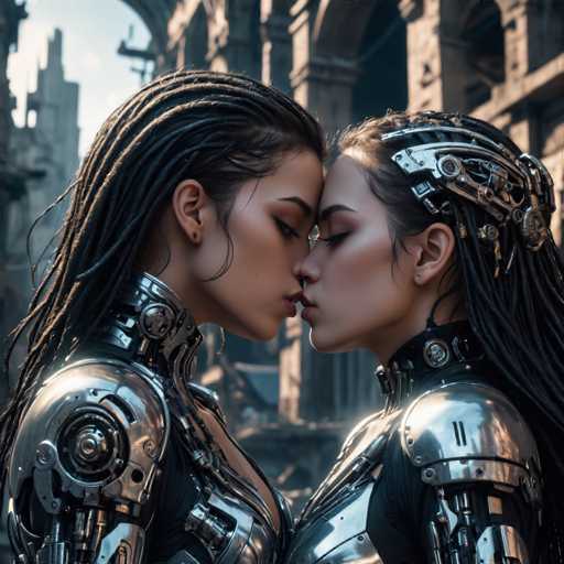 Two women in sleek, metallic cybernetic armor share a tender kiss amidst a ruined, futuristic cityscape. Their intricate, dreadlocked hairstyles contrast with the polished metal, creating a blend of organic and technological elements. The art style is highly detailed and evocative, emphasizing a futuristic, possibly dystopian setting with a focus on intimate connection.