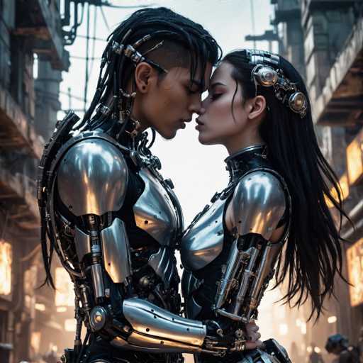 Two strikingly beautiful, chrome-clad androids share a tender kiss in a dimly lit, futuristic cityscape. Their metallic forms are intricately detailed, with glowing cybernetic elements and flowing black hair. The close spatial relationship emphasizes intimacy, while the gritty, industrial backdrop creates a cyberpunk atmosphere.