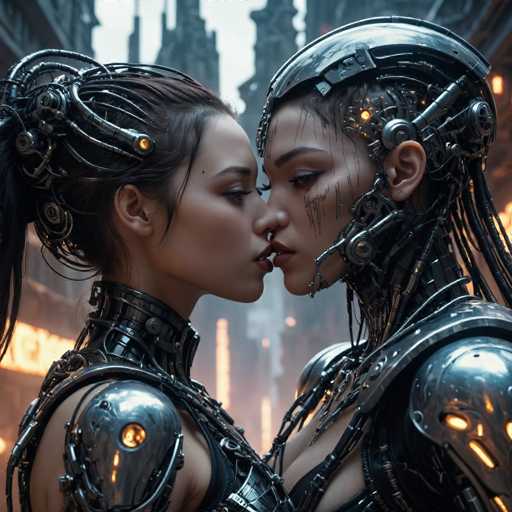 Two strikingly beautiful, cybernetically enhanced women with intricate metallic bodies are intimately close, their faces nearly touching in a tender embrace. The art style is futuristic and detailed, showcasing a blend of organic and mechanical elements within a dimly lit, industrial setting.