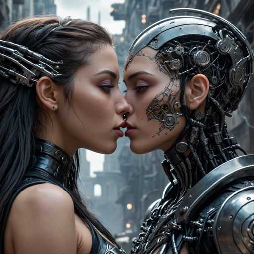 Two individuals, one human and one cyborg, share a tender kiss in a futuristic cityscape. The image features intricate metallic details on the cyborg's body and the human's cybernetic headpiece, set against a blurred backdrop of towering, industrial structures. The art style is highly detailed and realistic, emphasizing the blend of organic and mechanical elements in a dark, cyberpunk aesthetic.