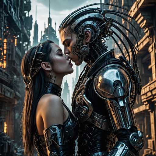 A close-up depicts a woman and a cyborg sharing a tender kiss in a futuristic, neon-lit cityscape. The subjects are intimately close, their metallic bodies gleaming against the dark backdrop of towering, decaying buildings. The art style is highly detailed and cyberpunk-inspired, emphasizing intricate mechanical design and a blend of organic and technological elements.