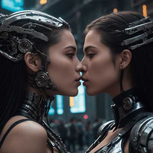 Two strikingly beautiful women, adorned in intricate, futuristic cybernetic armor, share a tender kiss. Their metallic headpieces and sleek, dark attire create a cyberpunk aesthetic. The close-up focuses on their intimate embrace, set against a blurred, bustling cityscape in the background.