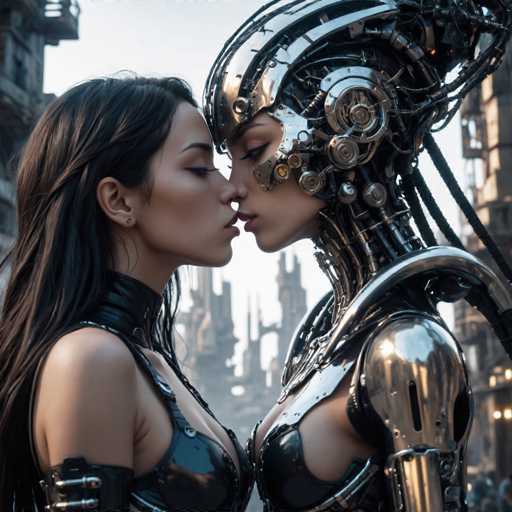 The image shows two women with long hair and metallic outfits kissing each other on the lips. The woman on the left is wearing a black leather outfit that includes a headpiece, while the woman on the right has a silver metal suit with a helmet attached to it. They are standing in front of an urban backdrop featuring buildings and trees.