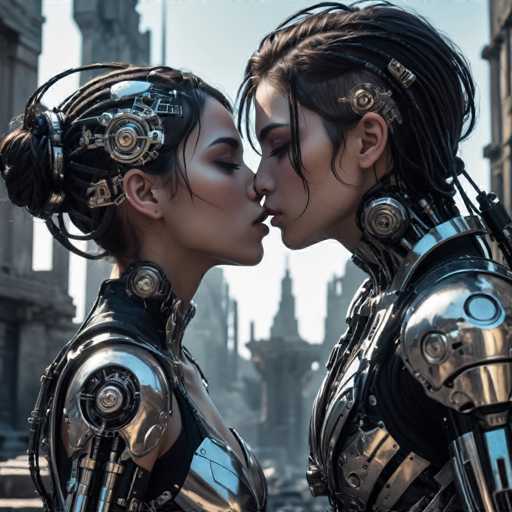 Two strikingly beautiful cyborgs, with intricate metallic bodies and elaborate hairstyles, share a tender kiss in a futuristic cityscape. The image features a close-up, intimate embrace against a backdrop of towering, weathered architecture, rendered in a detailed, photorealistic style.