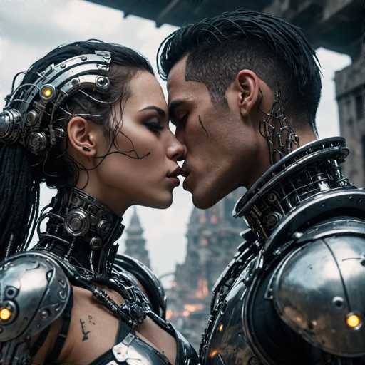 A couple in highly detailed, futuristic cybernetic armor shares a tender kiss amidst a gritty, industrial cityscape. The art style is a blend of cyberpunk and steampunk, emphasizing intricate mechanical details and a dark, atmospheric aesthetic. The close-up focuses on their intimate connection against the backdrop of towering, metallic structures.