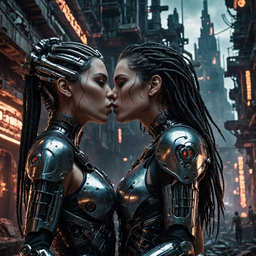 Two strikingly beautiful, cybernetically enhanced women in metallic armor share a tender kiss amidst a gritty, futuristic cityscape. The art style is highly detailed and digital, emphasizing intricate mechanical designs and a dark, industrial atmosphere with glowing neon accents. Their close embrace highlights intimacy within this technologically advanced, possibly dystopian, setting.