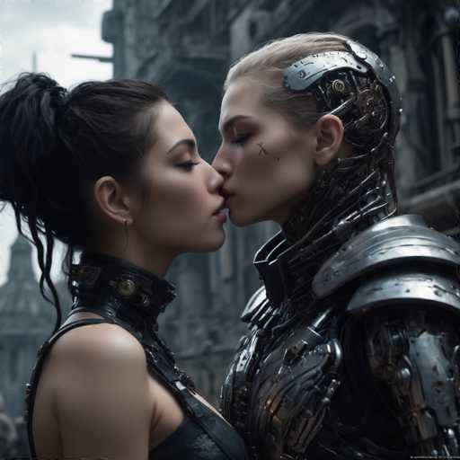 Two figures, one human and one cybernetic, share a tender kiss in a dimly lit, futuristic cityscape. The human has dark hair and a black leather outfit, while the cyborg is metallic and intricately detailed. Their close proximity emphasizes intimacy against the backdrop of a gritty, industrial environment. The art style is dark and atmospheric, with a focus on texture and detail.