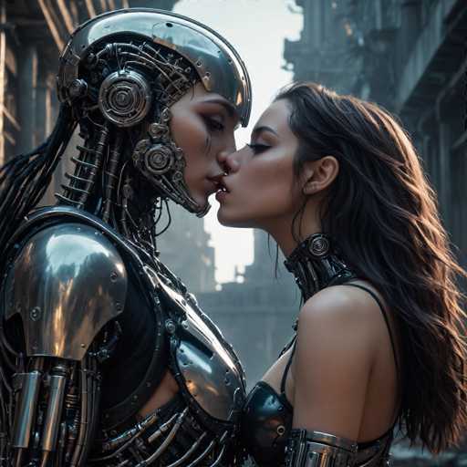 A woman with long brown hair and a black top is kissing a man wearing a silver robot suit on the lips.