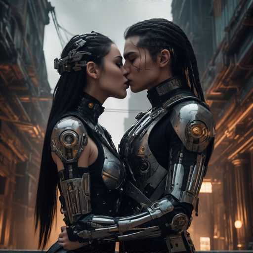 A couple dressed in futuristic armor stands on a street corner, their bodies close together as they lock lips and gaze into each other's eyes. The woman wears a metallic silver bodysuit with intricate designs, while the man is clad in a similar suit but with a more angular design. They are positioned against an urban backdrop of buildings and power lines, creating a contrast between their futuristic attire and the surrounding environment.