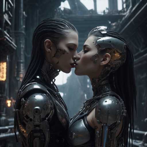 Two strikingly beautiful, cybernetically enhanced individuals with intricate metallic bodies are intimately embracing in a dimly lit, industrial setting. Their faces are close as they share a tender kiss, highlighting the futuristic and intimate nature of the scene. The art style is highly detailed and realistic, emphasizing the complex mechanical details of their augmentations.