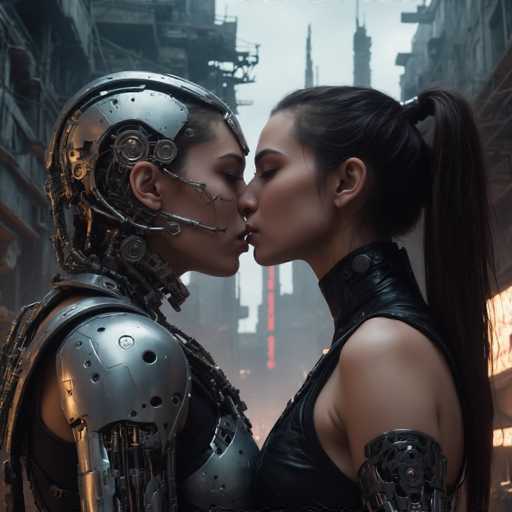 The image shows two individuals dressed in futuristic metallic armor and clothing kissing passionately on a city street at night. The person on the left is wearing a silver helmet with a large headpiece, while the person on the right has a black helmet with a smaller headpiece. They are standing close together, their bodies almost touching as they engage in this intimate moment. In the background, there are buildings and lights that illuminate the scene, creating an urban atmosphere.