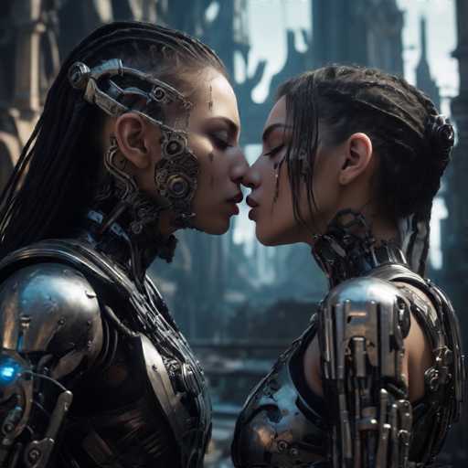 Two strikingly beautiful, cybernetically enhanced figures with intricate metallic bodies are intimately locked in a close embrace, their faces gently touching. The art style is futuristic and detailed, with a focus on the mechanical textures of their designs against a blurred, industrial backdrop.