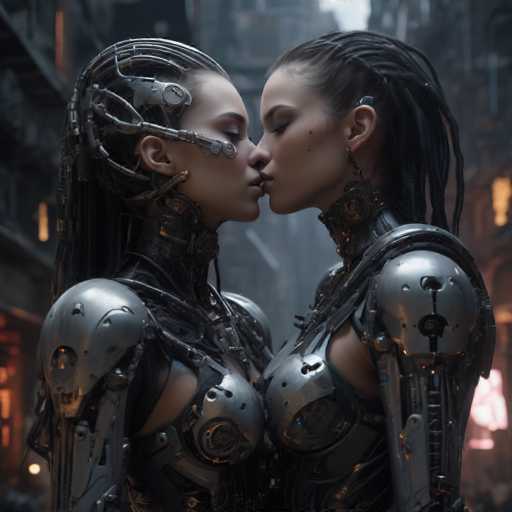 The image shows two women dressed in futuristic armor standing side by side and kissing each other's lips. The woman on the left is wearing a silver suit with intricate metal designs, while the woman on the right has a more streamlined design. They are positioned against an urban backdrop of buildings and neon lights, creating a contrast between their futuristic attire and the surrounding environment.