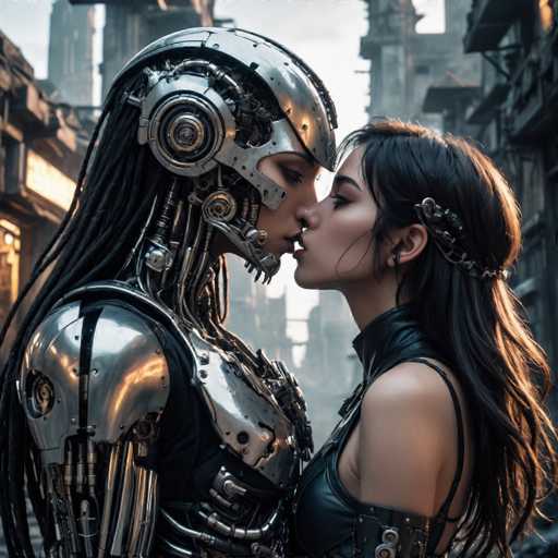 A close-up depicts two humanoid figures, one a sleek, metallic robot with long dreadlocks and the other a woman with dark hair, sharing a tender kiss. They stand in a gritty, futuristic cityscape, their metallic bodies contrasting with the woman's leather attire. The art style is highly detailed and evocative, emphasizing a blend of technology and intimacy within a dystopian setting.