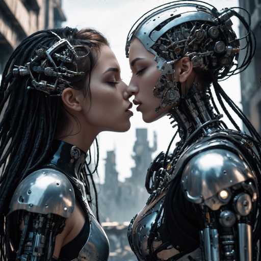 Two strikingly beautiful, chrome-clad androids share a tender kiss in a dystopian cityscape. Their intricate mechanical bodies contrast with their soft, dark hair, creating a blend of organic and artificial beauty. The image is rendered in a futuristic, digital art style with a muted, slightly desaturated color palette.