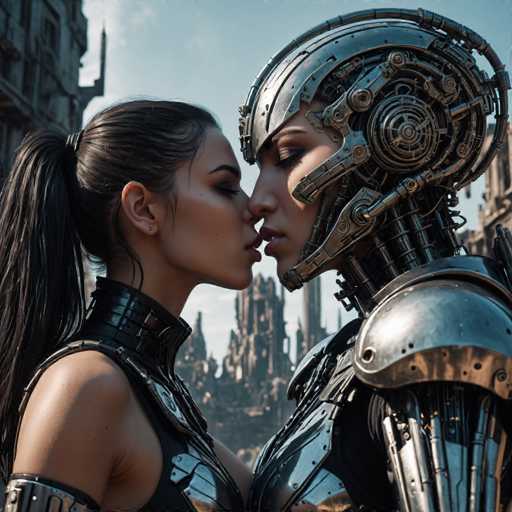 Two figures, a woman and a humanoid robot, share a tender kiss in a detailed, futuristic cityscape. The art style is highly realistic, emphasizing intricate metallic textures and dramatic lighting. Their close proximity suggests intimacy amidst a backdrop of advanced, possibly dystopian, architecture.