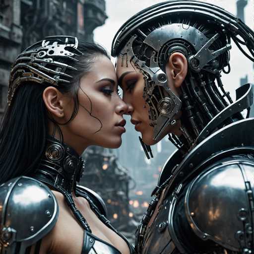 Two strikingly beautiful cyborgs, with intricate metallic armor and cybernetic enhancements, share a tender moment. Their faces are close, eyes locked in a soft gaze, set against a blurred, futuristic cityscape backdrop. The art style is highly detailed and realistic, emphasizing the blend of organic and mechanical forms in a dark, cyberpunk aesthetic.