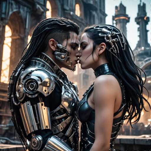 A couple dressed in futuristic armor stands in front of a castle-like structure with arched windows and towers. The man wears a silver suit with a helmet on his head, while the woman is adorned in black leather armor that includes a corset and a headdress. They are kissing passionately against a backdrop of the castle's architecture.