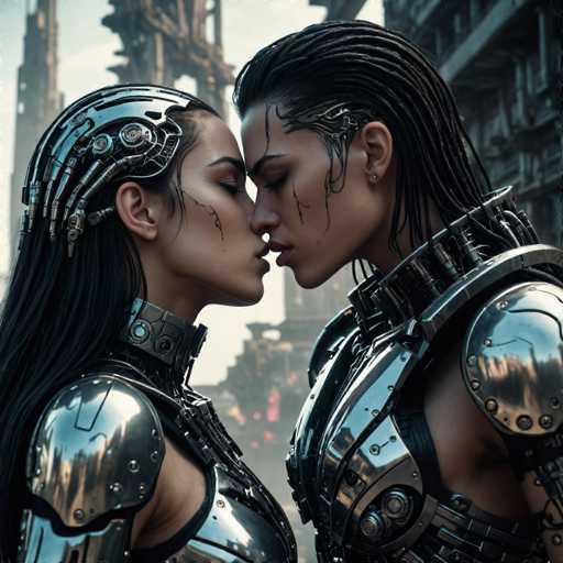 Two women in sleek, futuristic armor share a tender kiss amidst a blurred, cyberpunk cityscape. Their metallic forms contrast with the gritty urban backdrop, emphasizing a blend of technology and intimacy. The art style is highly detailed, with intricate mechanical designs and soft lighting creating a dramatic, intimate moment.