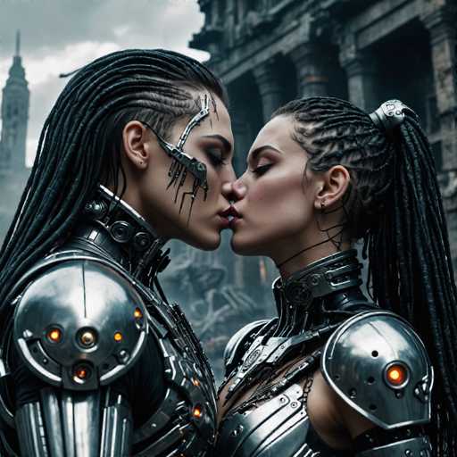 Two women in futuristic, metallic armor share a passionate kiss amidst a desolate, ruined cityscape. Their intricate dreadlocks and cybernetic details blend with the gritty, dystopian backdrop, creating a powerful, intimate moment within a post-apocalyptic setting. The art style is highly detailed and evocative, emphasizing texture and dramatic lighting.
