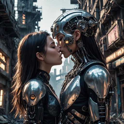 Two strikingly beautiful, cybernetically enhanced individuals share a tender kiss in a gritty, neon-lit cyberpunk cityscape. The image features detailed, metallic bodies with glowing accents, set against a backdrop of towering, decaying structures. The art style is highly detailed and futuristic, emphasizing a blend of human and mechanical elements in a dark, urban environment.