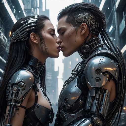 Two individuals with cybernetic enhancements share a tender kiss in a futuristic, neon-lit cityscape. Their metallic bodies blend seamlessly with their sleek, dark hair, creating a visually striking and intimate portrait of a technologically advanced romance. The art style is cyberpunk, emphasizing intricate mechanical details and a dystopian urban environment.