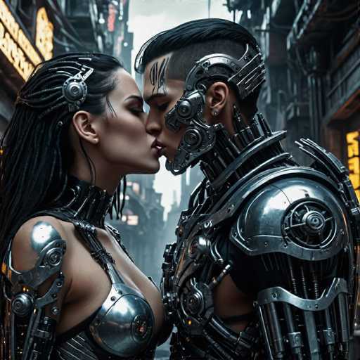 A couple dressed in futuristic metallic armor stands on a city street, with the man's face obscured by a mask and the woman wearing a silver bodysuit that glows under artificial light. The background is filled with buildings and neon signs, creating an urban setting for their encounter.