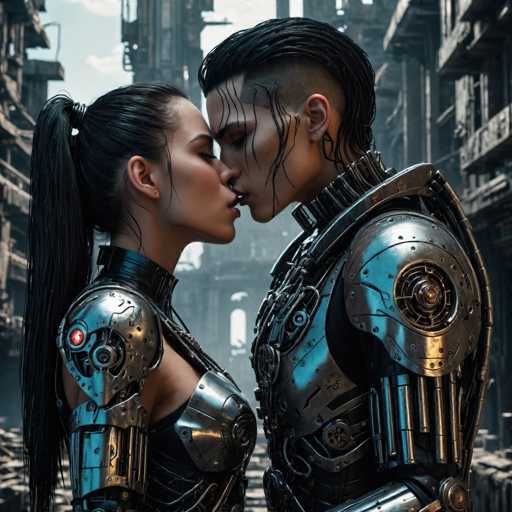 A close-up depicts a couple in a futuristic, cyberpunk setting, embracing with their faces pressed together. They are clad in sleek, metallic cybernetic armor, suggesting a blend of human and technological elements. The background showcases a dilapidated cityscape with towering, decaying structures, bathed in a muted, atmospheric light.