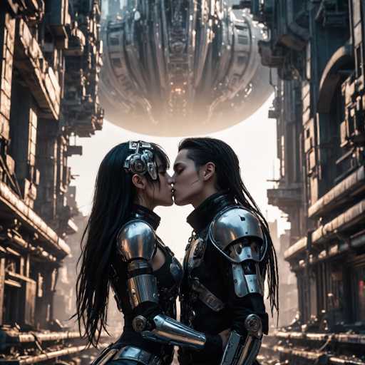Two individuals in futuristic, metallic armor share a passionate kiss amidst a densely packed, retro-futuristic cityscape. A colossal, partially visible spaceship looms above, casting an ethereal glow. The art style is highly detailed and atmospheric, emphasizing a blend of cyberpunk and science fiction aesthetics with a focus on intricate mechanical design.