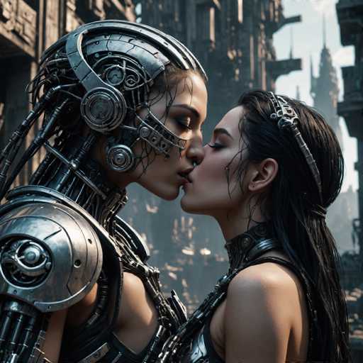 The image shows two women dressed in futuristic armor and headgear kissing passionately on a city street. The woman on the left is wearing a silver helmet with a large visor, while the woman on the right has a black headpiece adorned with intricate designs. They are standing close together, their bodies almost touching as they engage in this intimate moment.