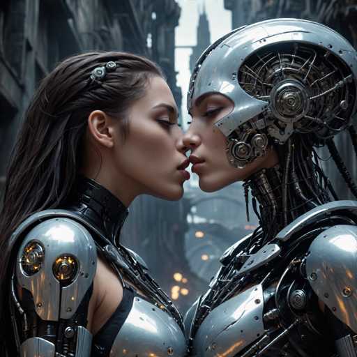 Two strikingly beautiful, chrome-clad androids share a tender kiss in a dimly lit, futuristic cityscape. Their metallic forms contrast with the soft focus background, emphasizing their intimate connection within a cyberpunk aesthetic. The image is rendered in a detailed, realistic style with a focus on intricate mechanical textures and soft lighting.