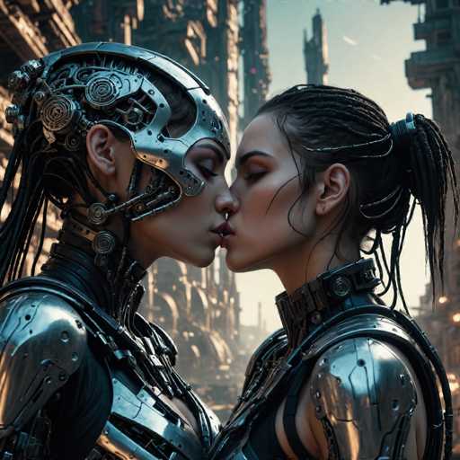 The image shows two women dressed in futuristic armor and helmets standing close together with their lips touching. The woman on the left is wearing a silver helmet with a large headpiece, while the woman on the right has a black helmet with a smaller headpiece. They are positioned in front of a city skyline that includes tall buildings and skyscrapers.