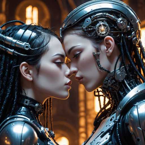 Two strikingly beautiful, cyborg-like figures with intricate metallic bodies and braided hair face each other in a close embrace. Their faces are softly illuminated, highlighting their delicate features and the detailed mechanical elements of their cybernetic enhancements. The art style is futuristic and highly detailed, with a warm, slightly hazy lighting creating an intimate atmosphere.