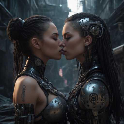 Two women in intricately detailed, dark-toned cybernetic armor share a tender kiss in a dimly lit, industrial setting. Their braided hair contrasts with the metallic textures, creating a futuristic, intimate scene. The overall style is dark fantasy/cyberpunk, emphasizing a close, almost ethereal connection between the figures.