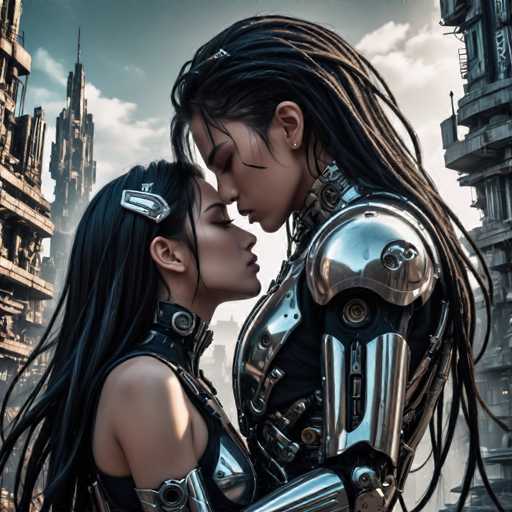 The image depicts two individuals dressed in futuristic metallic armor and clothing standing close together with their eyes locked onto each other's faces. The background shows a cityscape filled with tall buildings under an overcast sky.