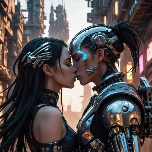 Two individuals, one human and one cyborg, share a tender kiss in a futuristic, neon-lit cityscape. The scene is intimate, with the cyborg's metallic body contrasting against the human's dark hair and cybernetic enhancements. The art style is a blend of cyberpunk aesthetics, emphasizing technological integration and a gritty urban environment.