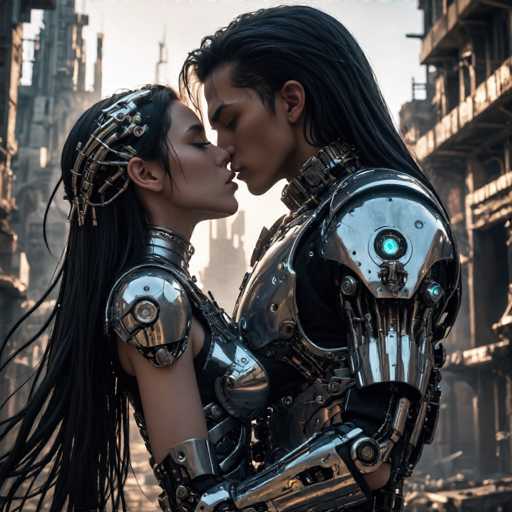 A couple in futuristic, metallic cybernetic suits shares a tender kiss amidst a ruined cityscape. The art style is highly detailed and evocative, emphasizing the contrast between the sleek technology and the decaying urban environment. Their close embrace highlights a romantic connection within this dystopian setting.